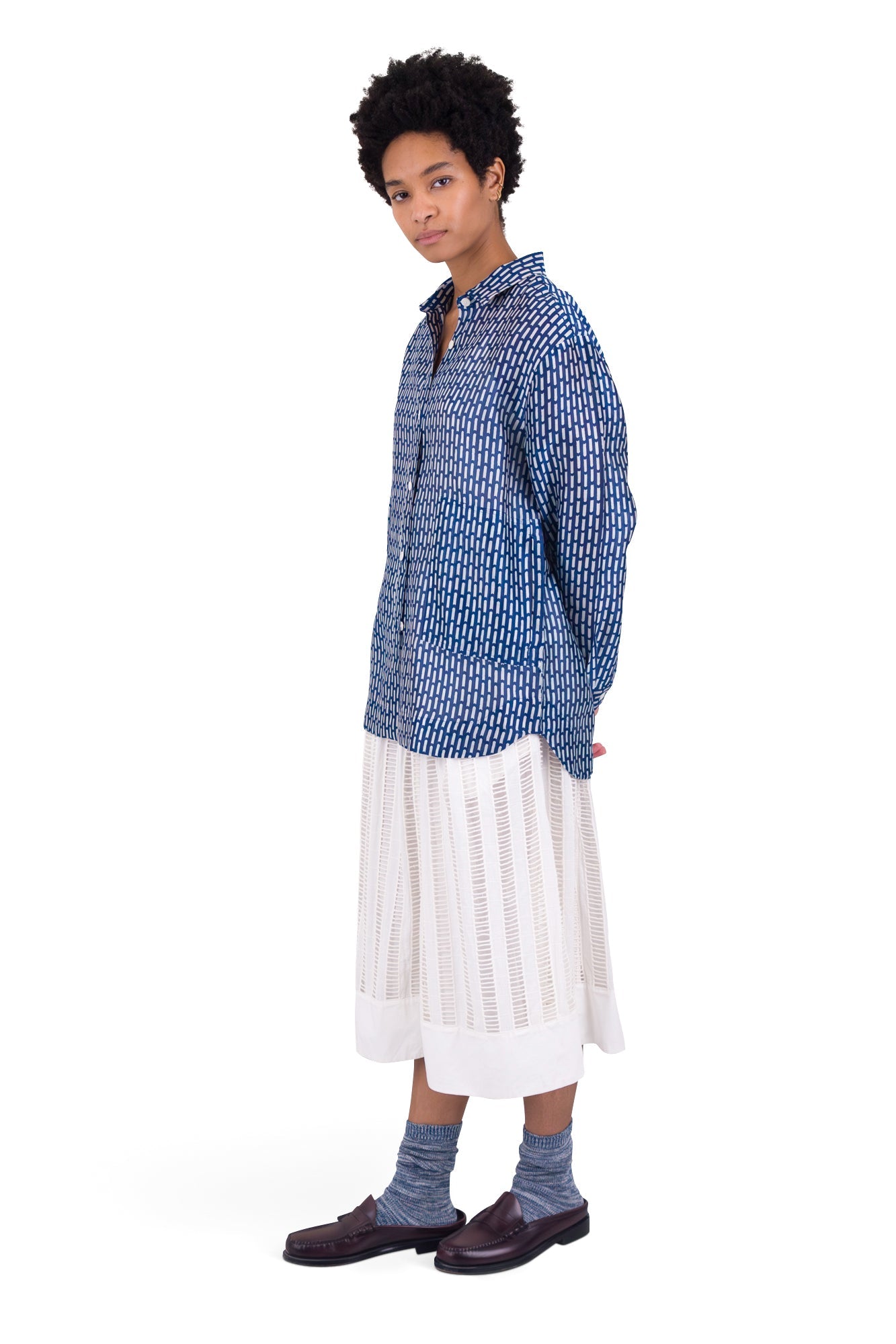 Boyfriend Shirt - Cobalt Ecru Dash Print