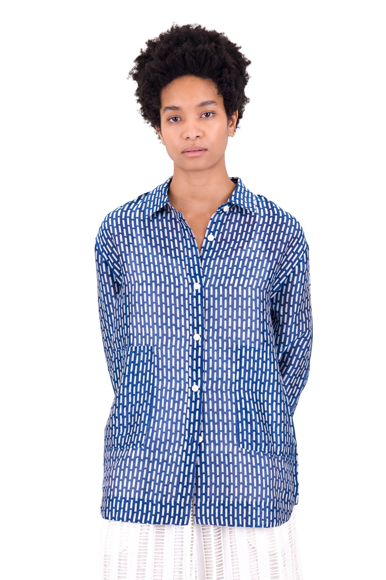 Boyfriend Shirt - Cobalt Ecru Dash Print