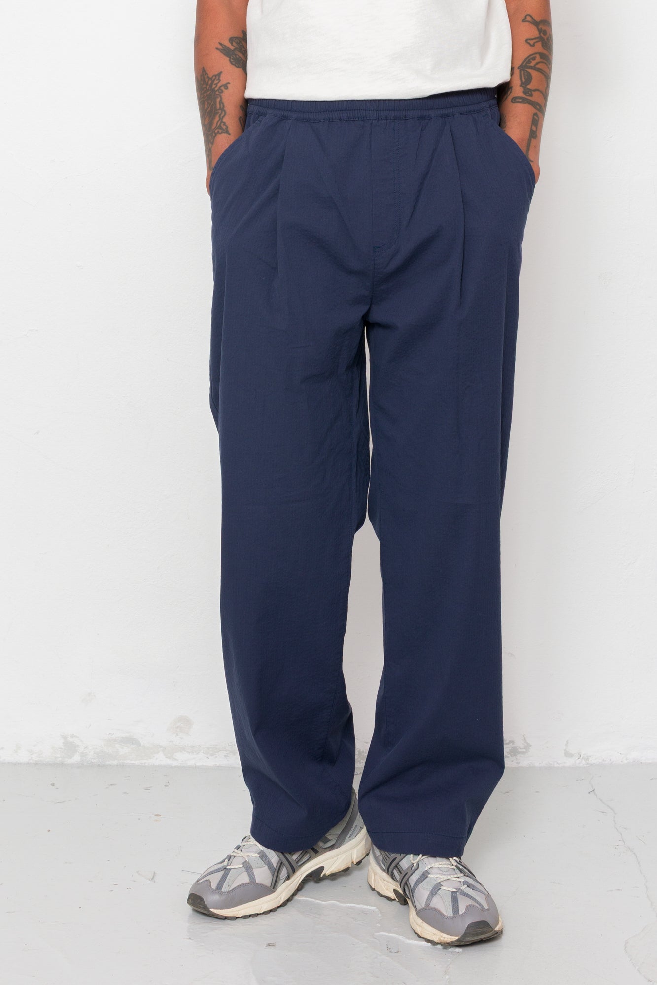 Drawcord Loose Trousers - Navy Seersucker