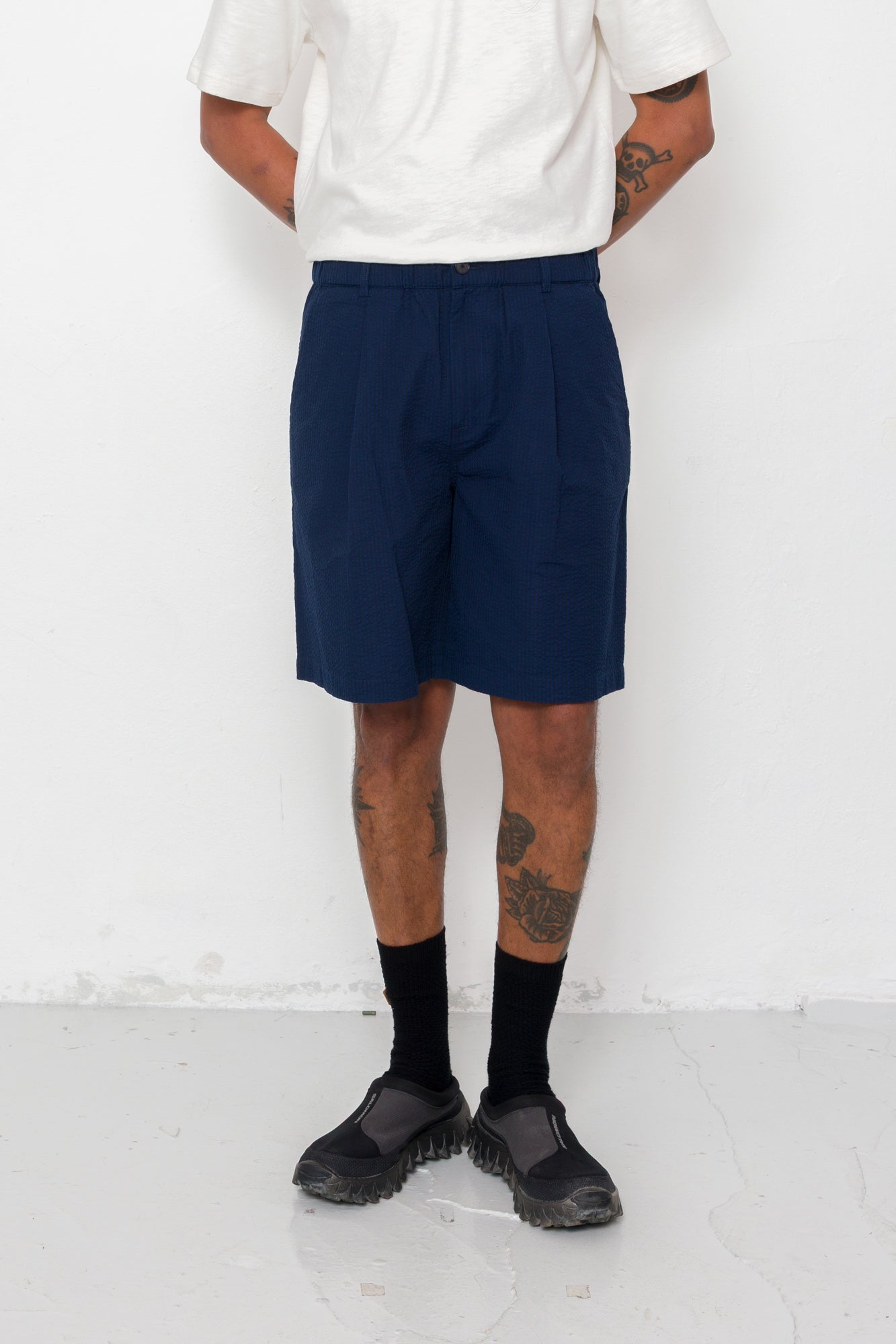 Elasticated Wide Fit Short - Navy Crinkle Stripe