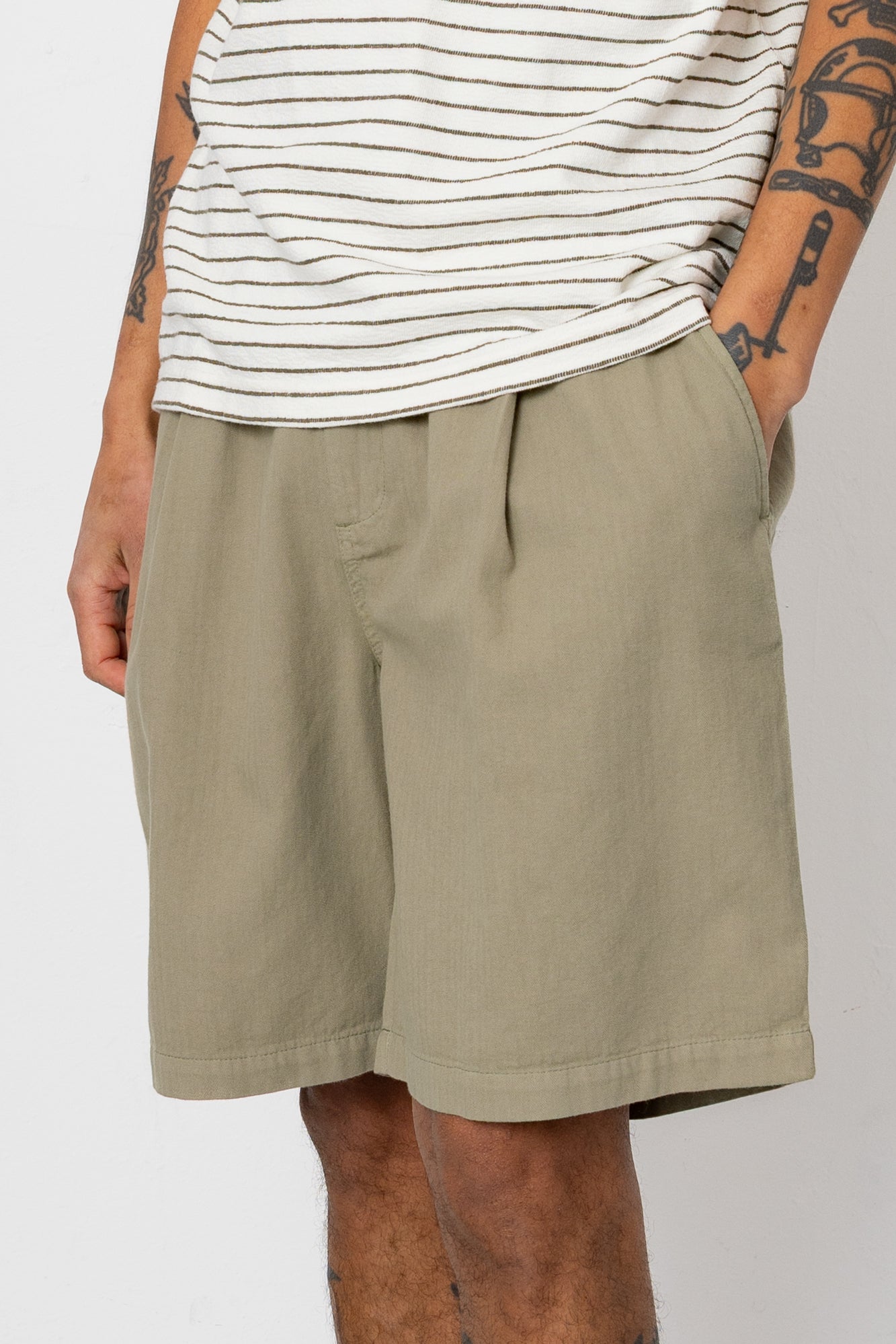 Elasticated Wide Fit Short - Silver Sage Herringbone