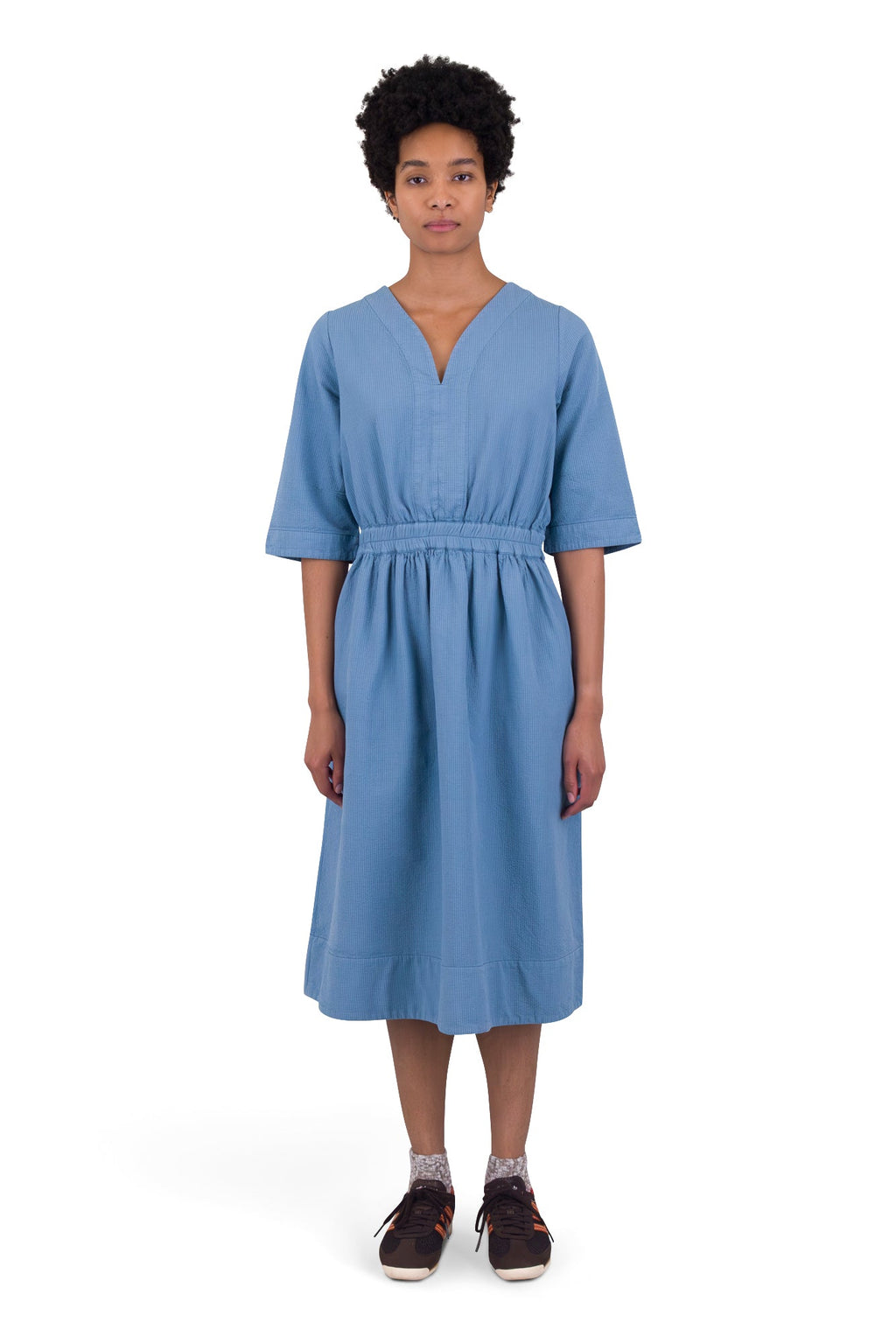 Gathered Dress - Light Indigo Topstitch