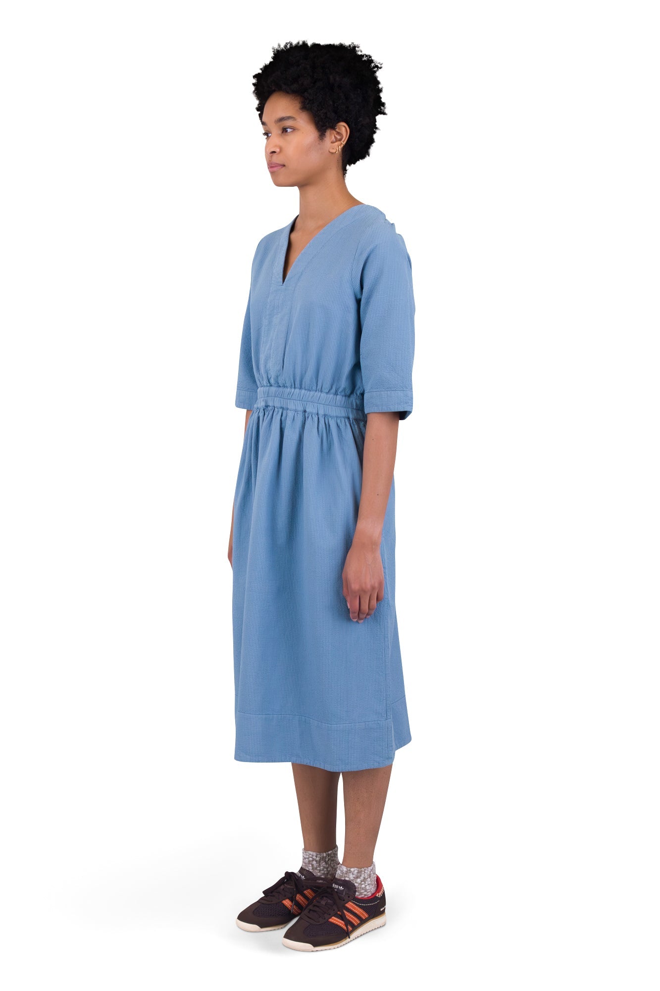 Gathered Dress - Light Indigo Topstitch