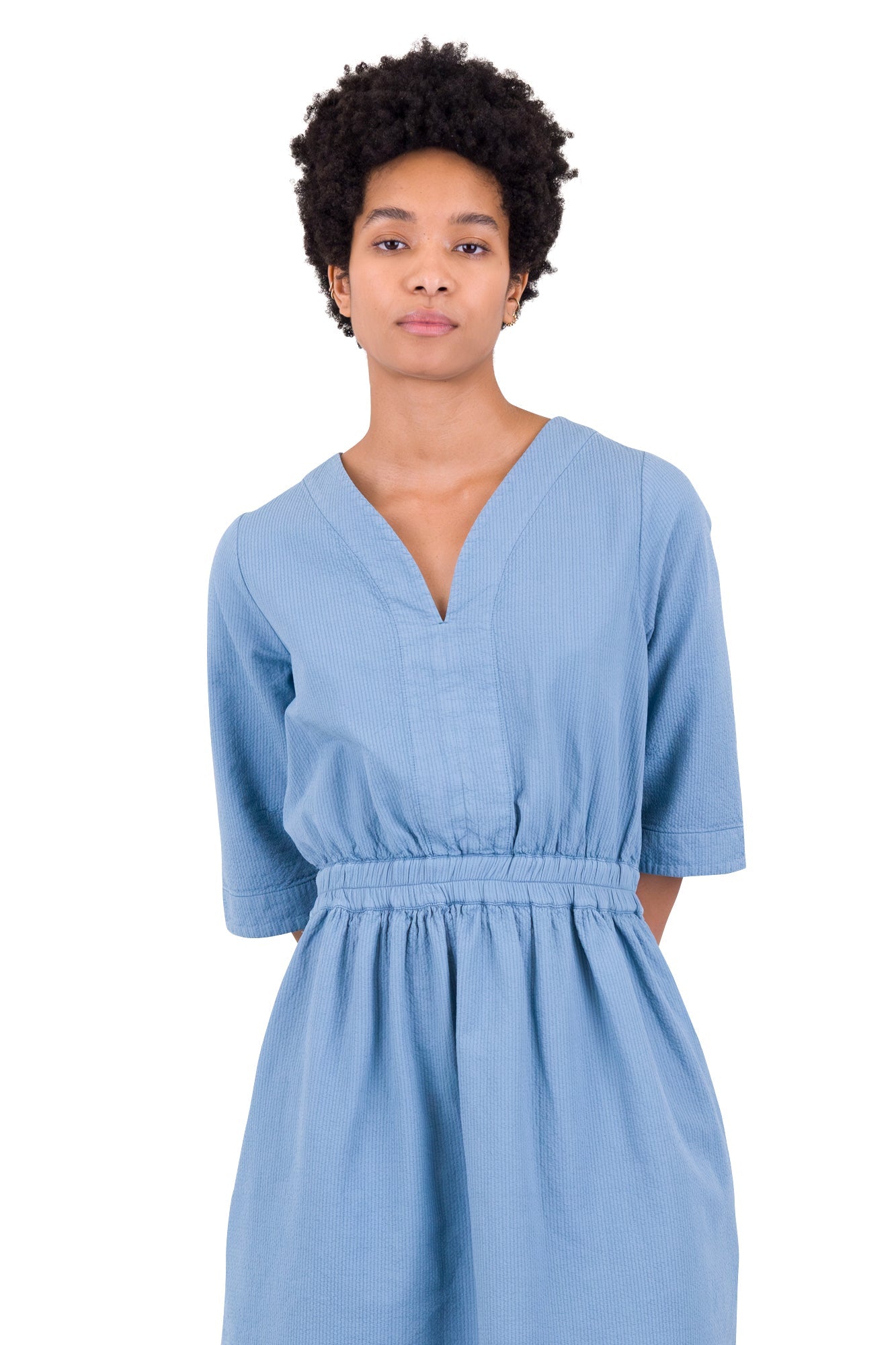 Gathered Dress - Light Indigo Topstitch