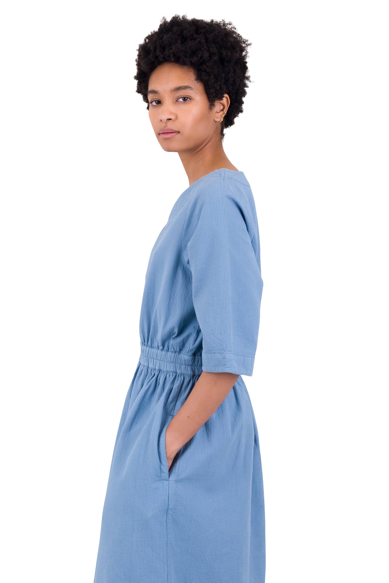 Gathered Dress - Light Indigo Topstitch