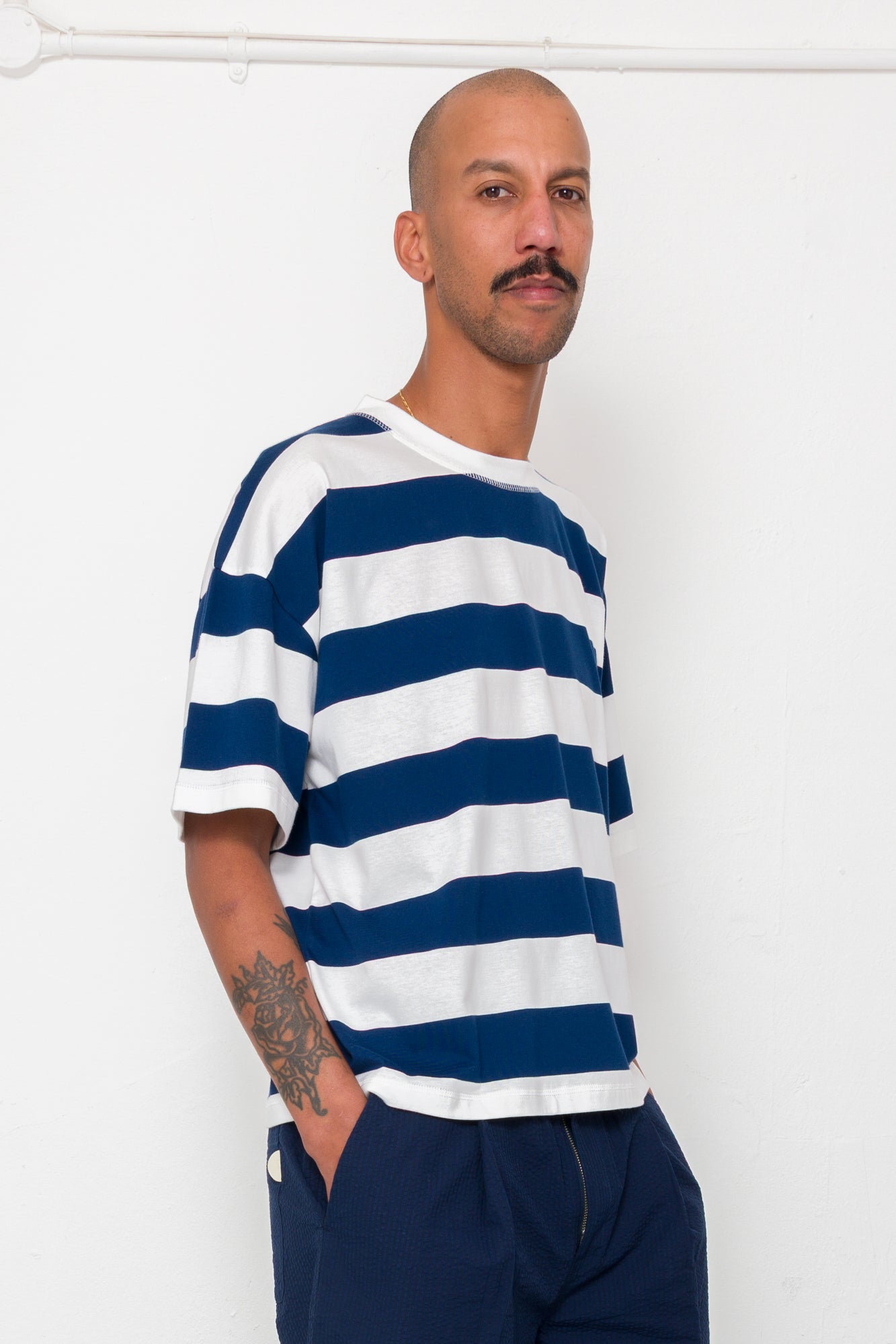 Oversized Striped T-Shirt - Off White / Indigo Blue