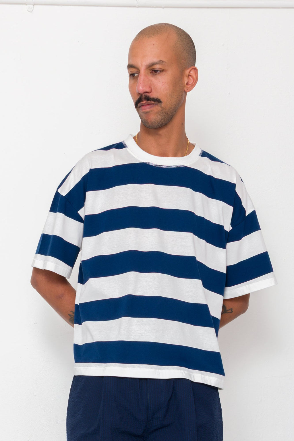Oversized Striped T-Shirt - Off White / Indigo Blue