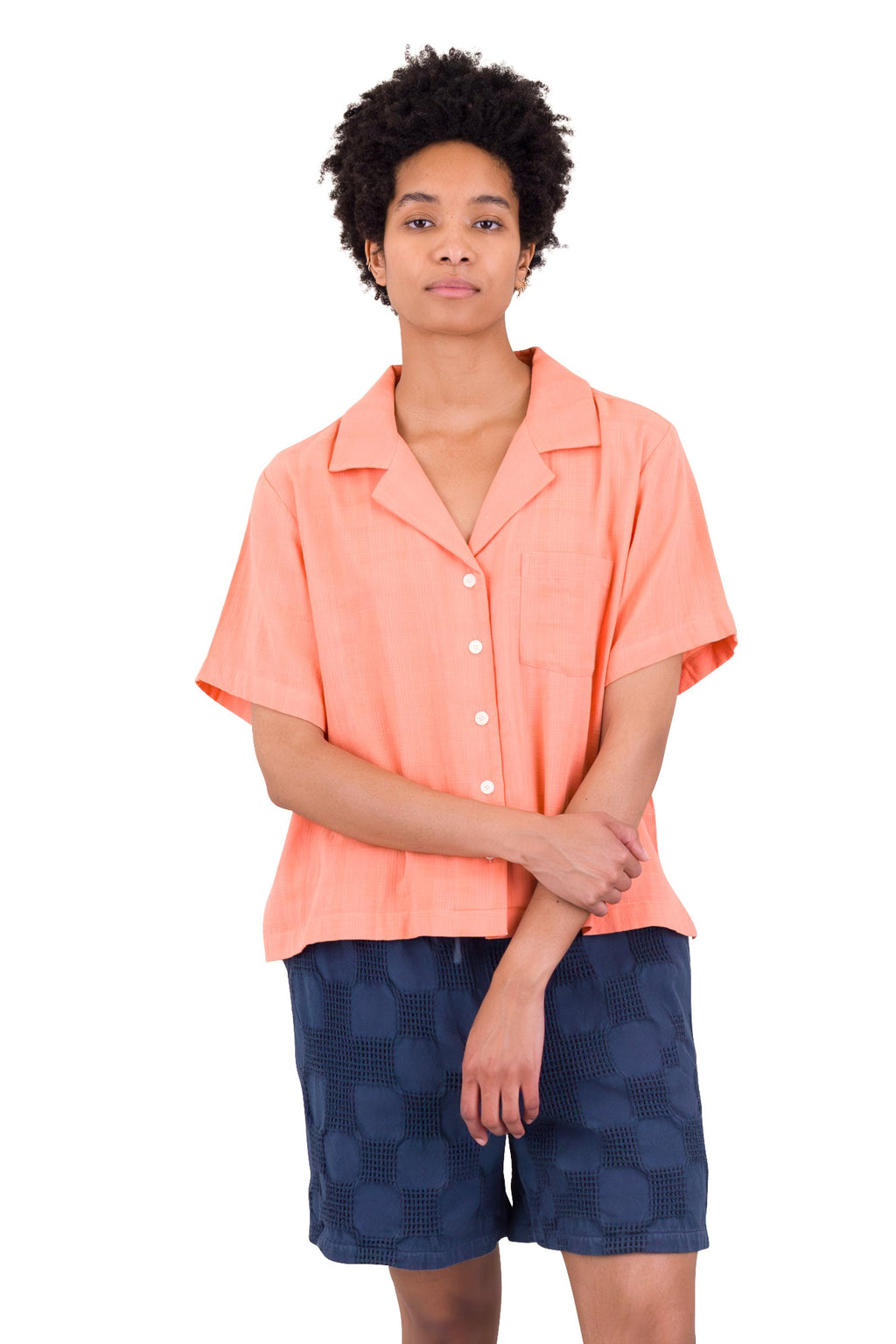 Short Sleeve Soft Collar Shirt - Coral Double Layer Voile