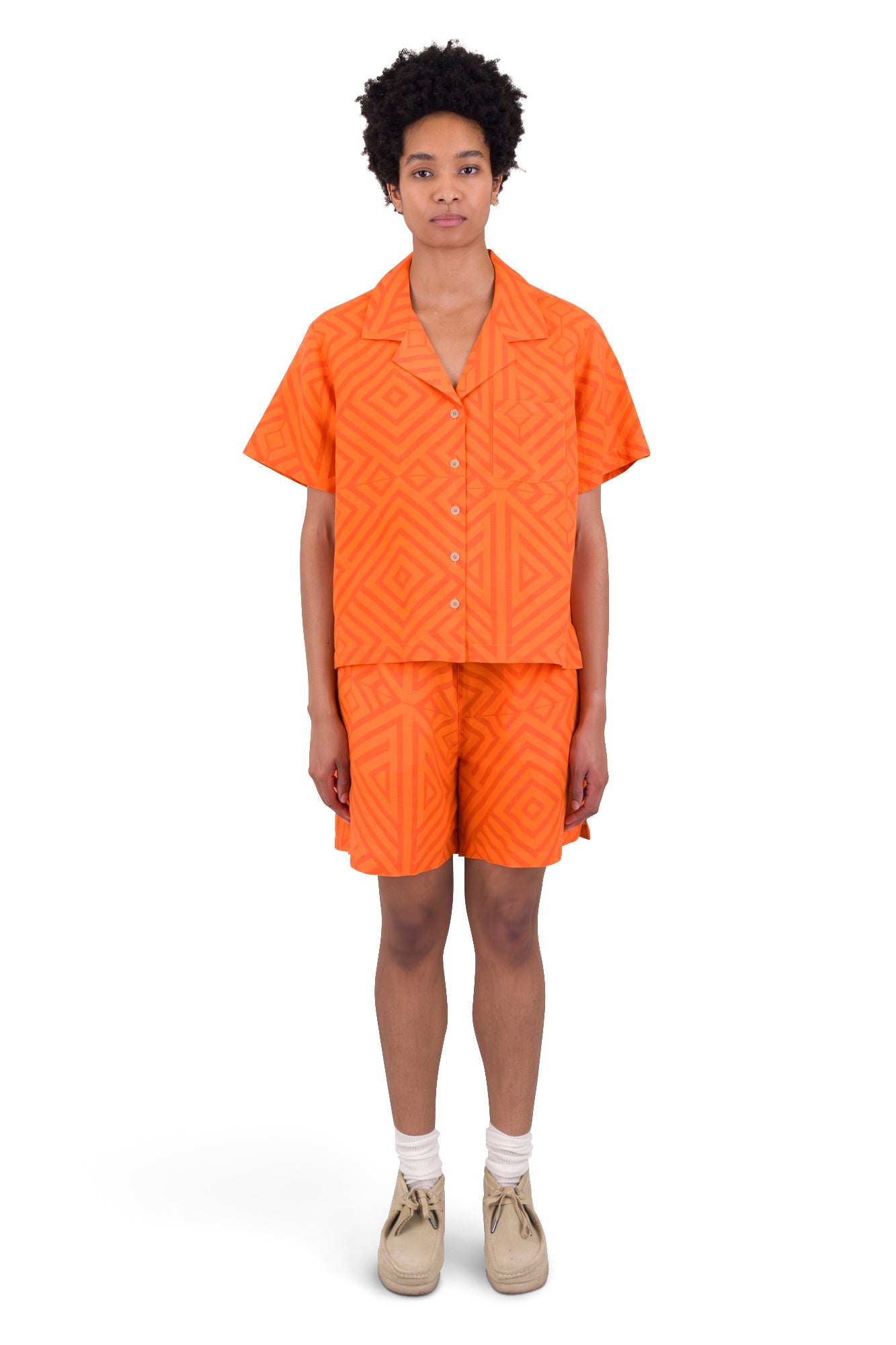 Short Sleeve Soft Collar Shirt - Orange Diamond Print