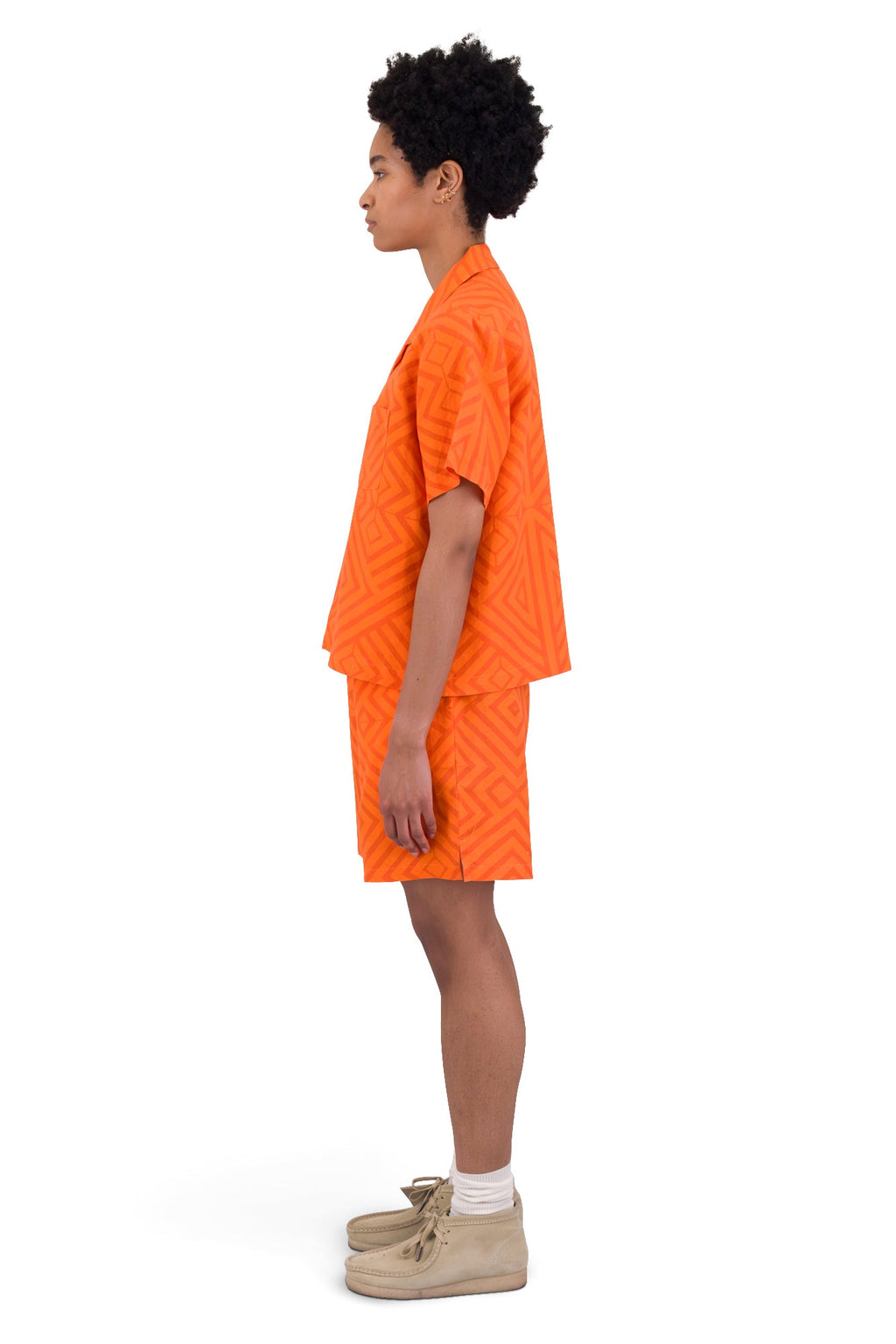 Short Sleeve Soft Collar Shirt - Orange Diamond Print