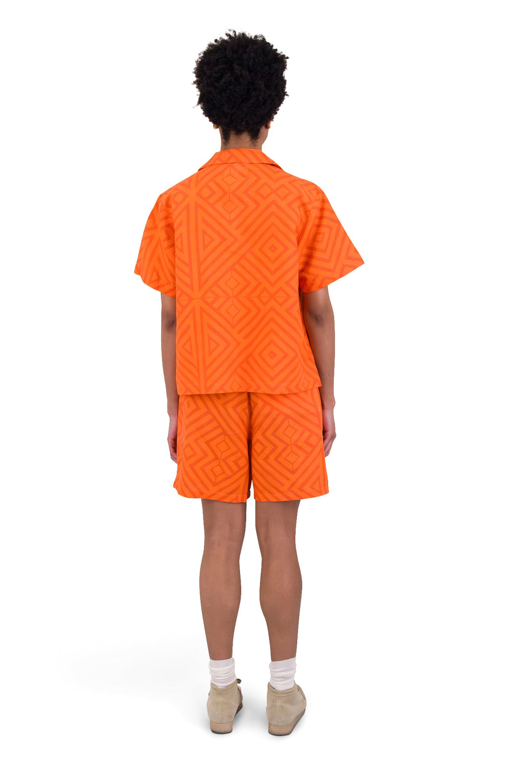 Short Sleeve Soft Collar Shirt - Orange Diamond Print