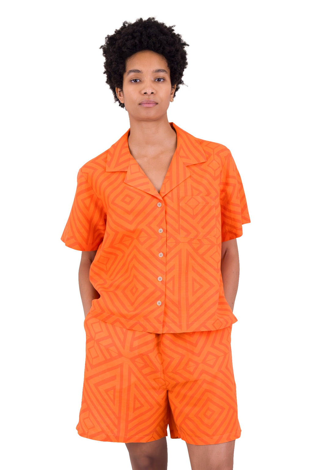 Short Sleeve Soft Collar Shirt - Orange Diamond Print