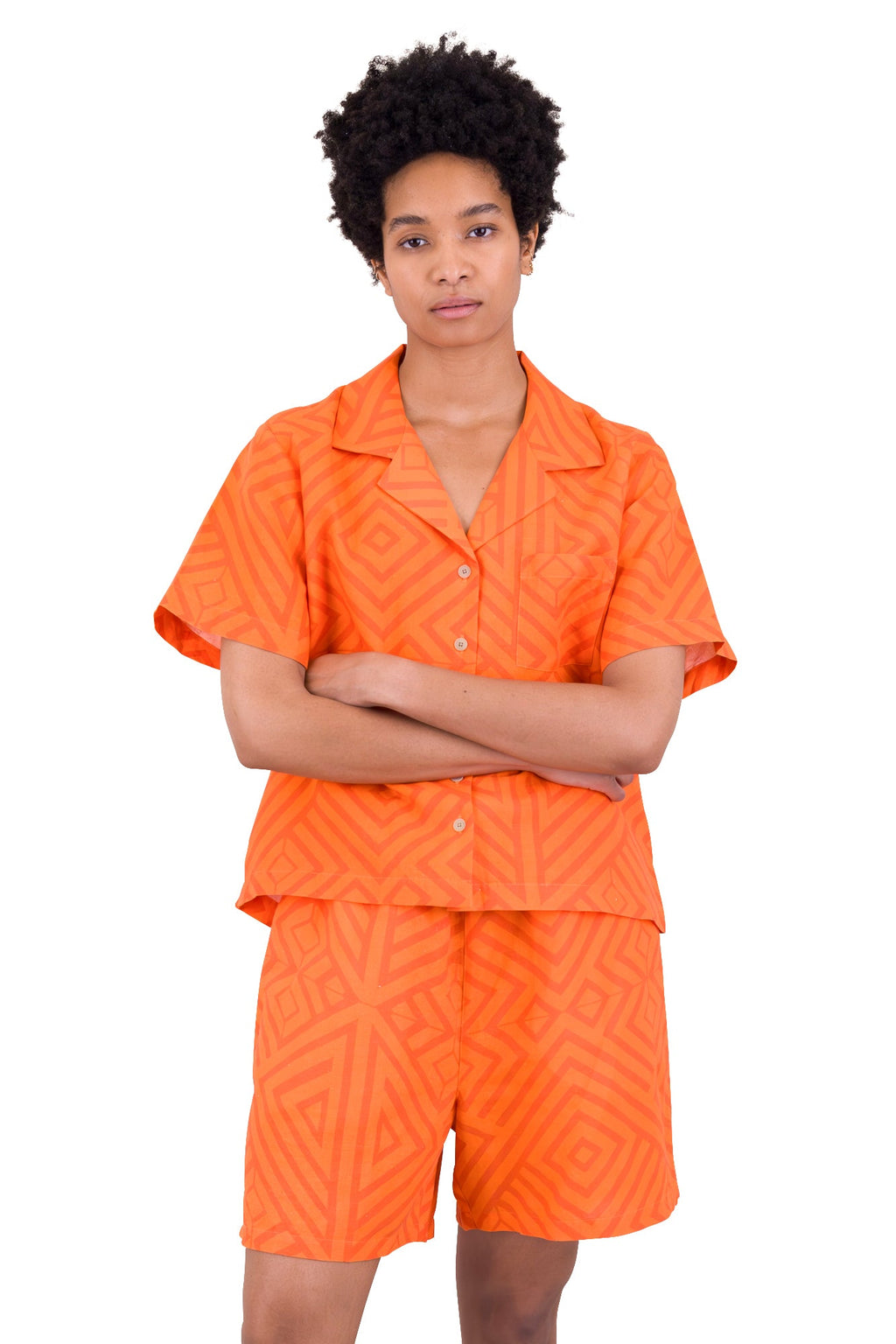 Short Sleeve Soft Collar Shirt - Orange Diamond Print