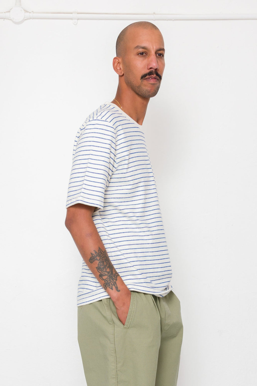 Short Sleeve Textured Striped T-Shirt - Ecru / Bright Blue