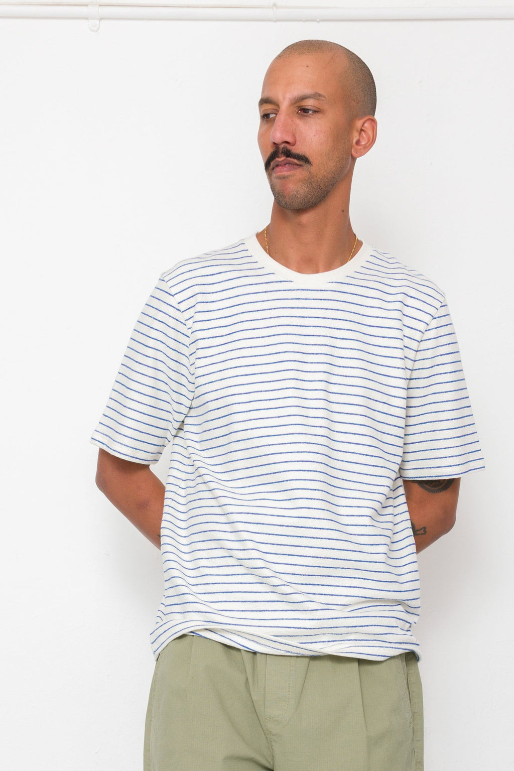 Short Sleeve Textured Striped T-Shirt - Ecru / Bright Blue