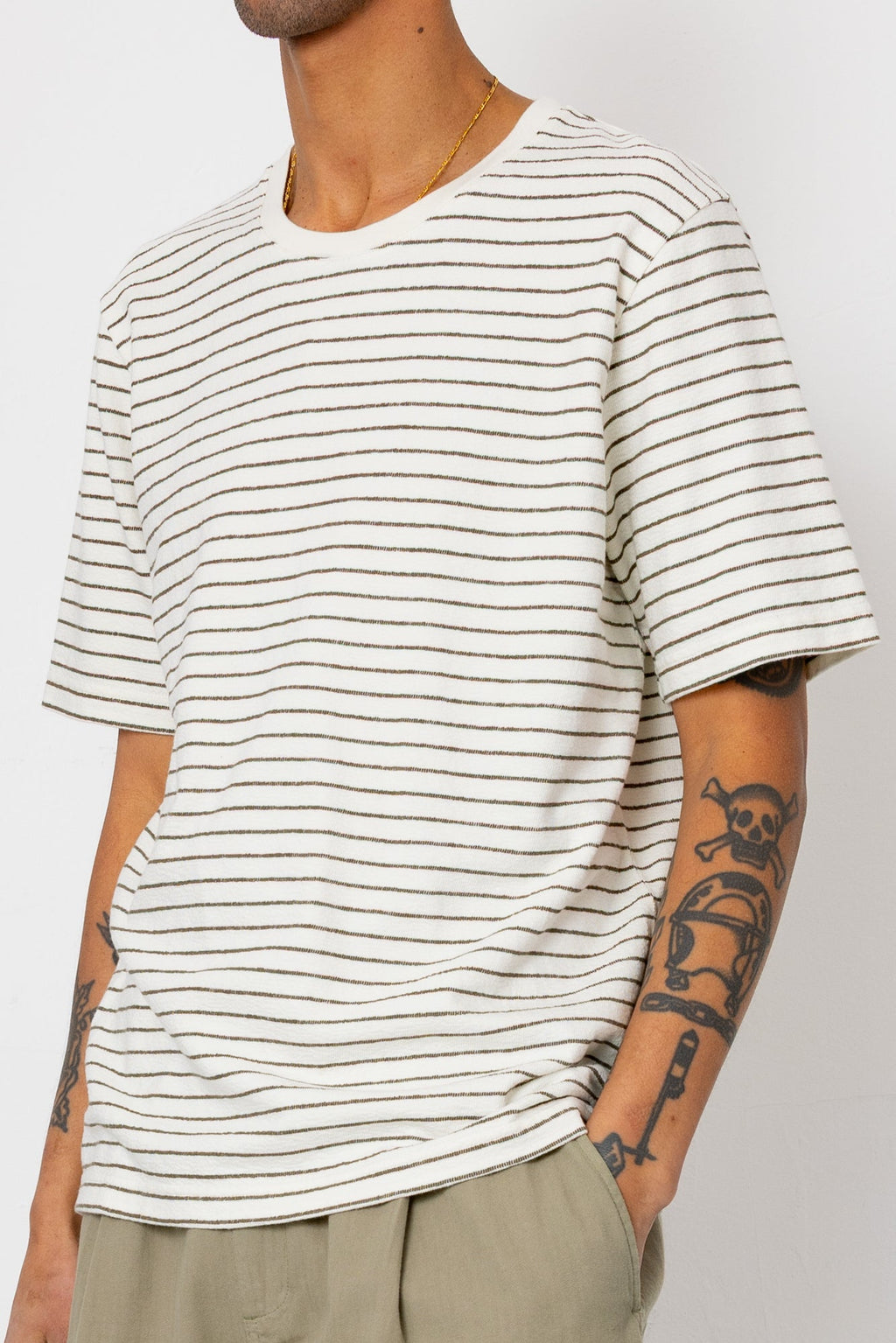 Short Sleeve Textured Striped T-Shirt - Ecru / Olive