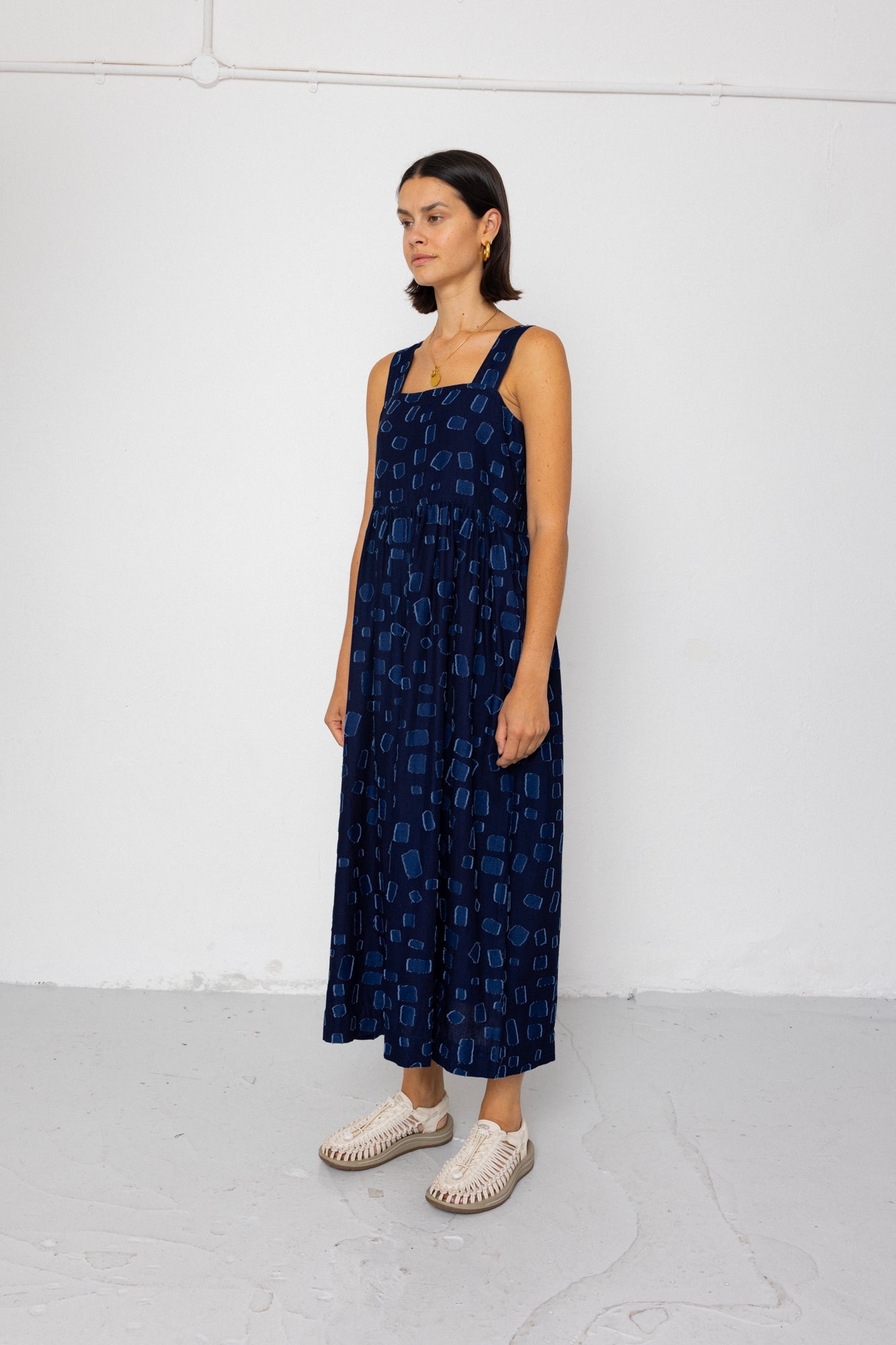 Midi Day Dress - Indigo Irregular Dot