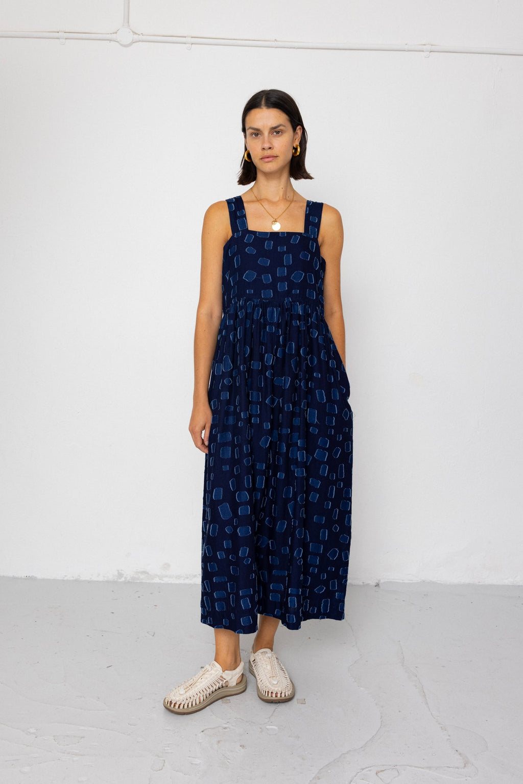 Midi Day Dress - Indigo Irregular Dot