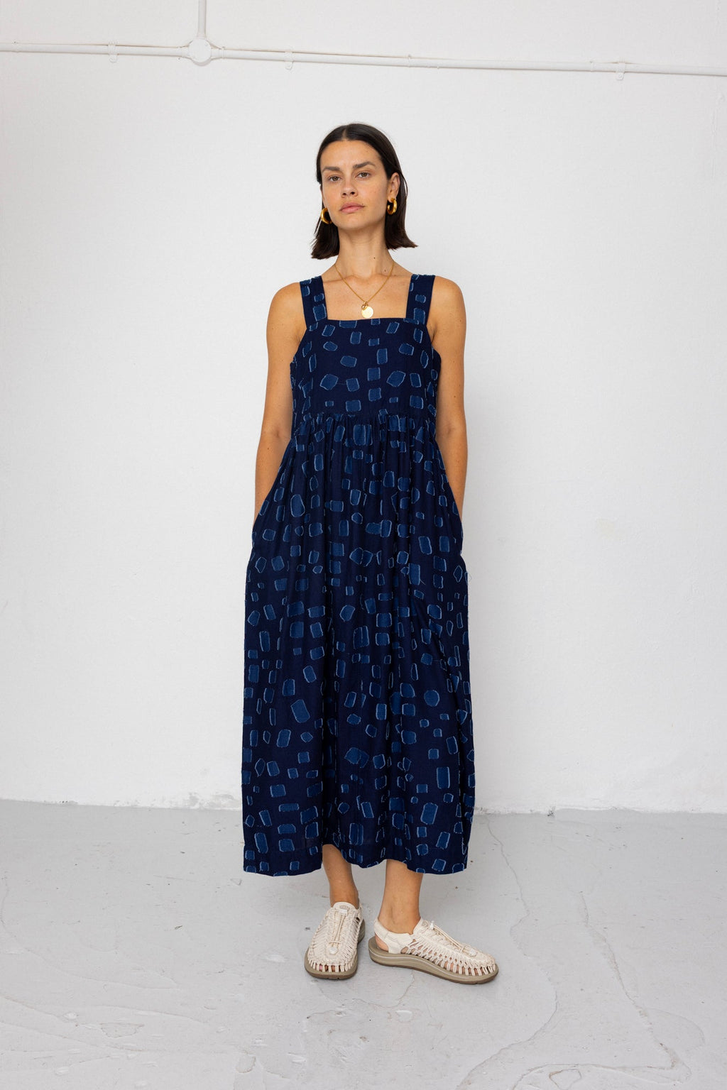 Midi Day Dress - Indigo Irregular Dot