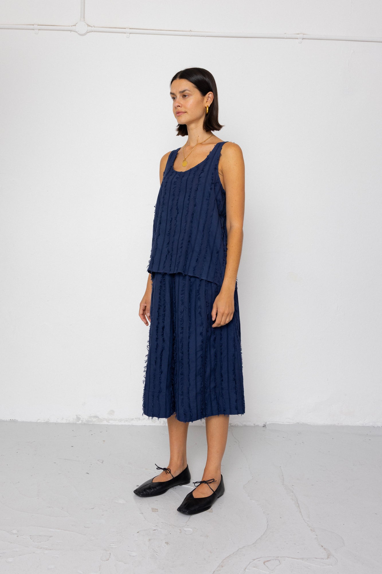 Pleated Scoop Back Vest - Dark Navy Cutwork Stripe