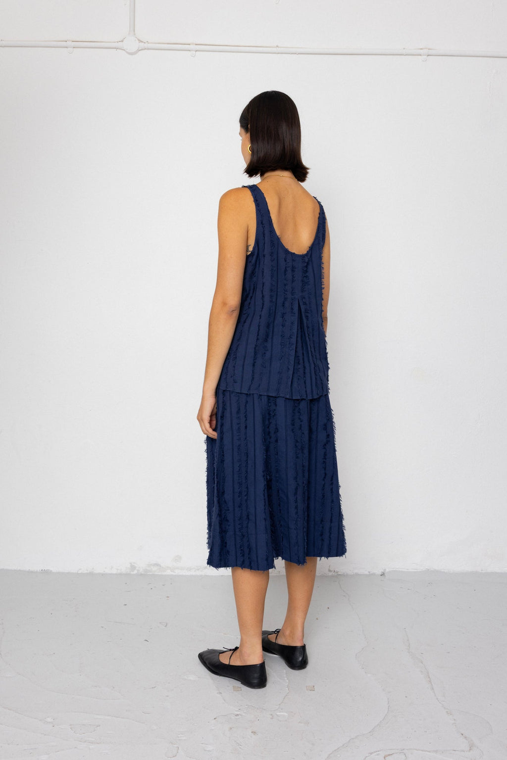 Pleated Scoop Back Vest - Dark Navy Cutwork Stripe