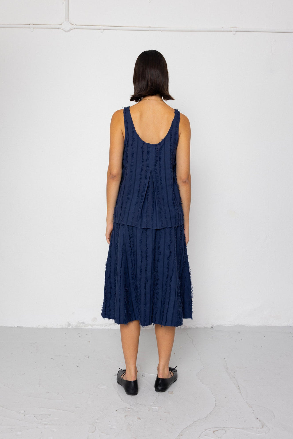 Pleated Scoop Back Vest - Dark Navy Cutwork Stripe