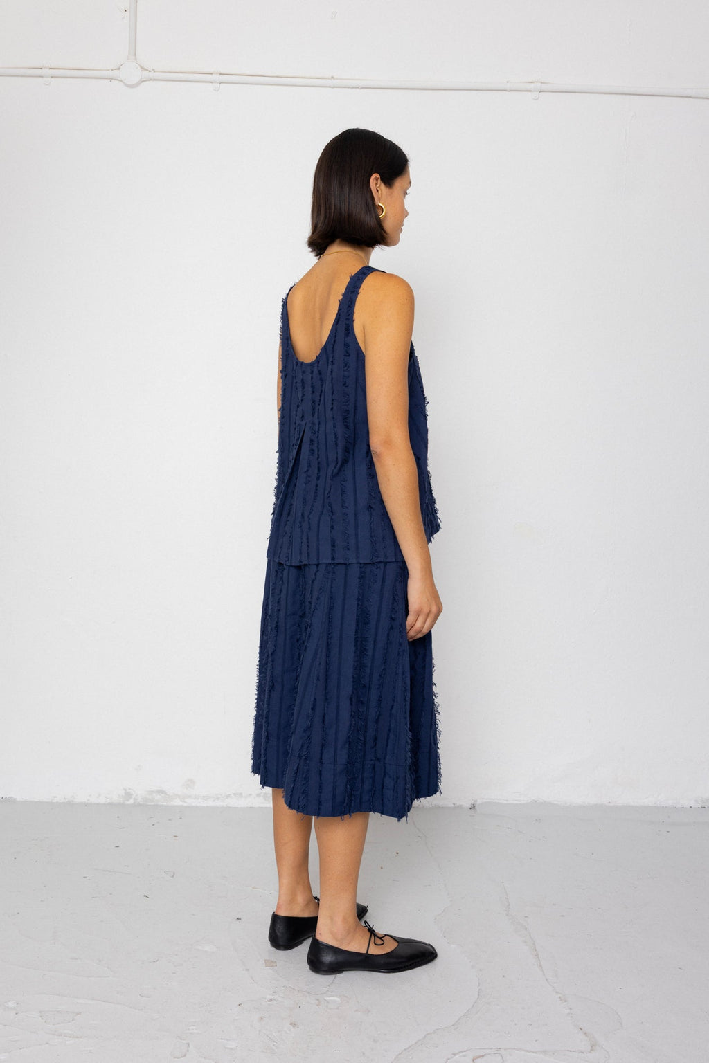 Pleated Scoop Back Vest - Dark Navy Cutwork Stripe