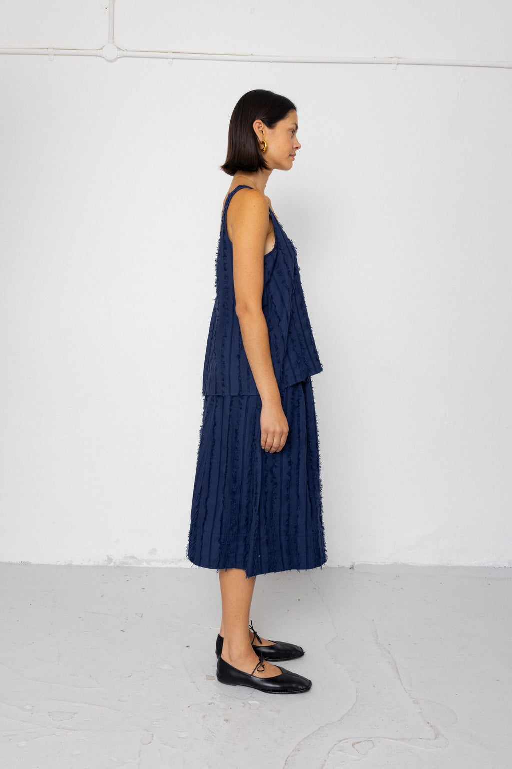 Pleated Scoop Back Vest - Dark Navy Cutwork Stripe