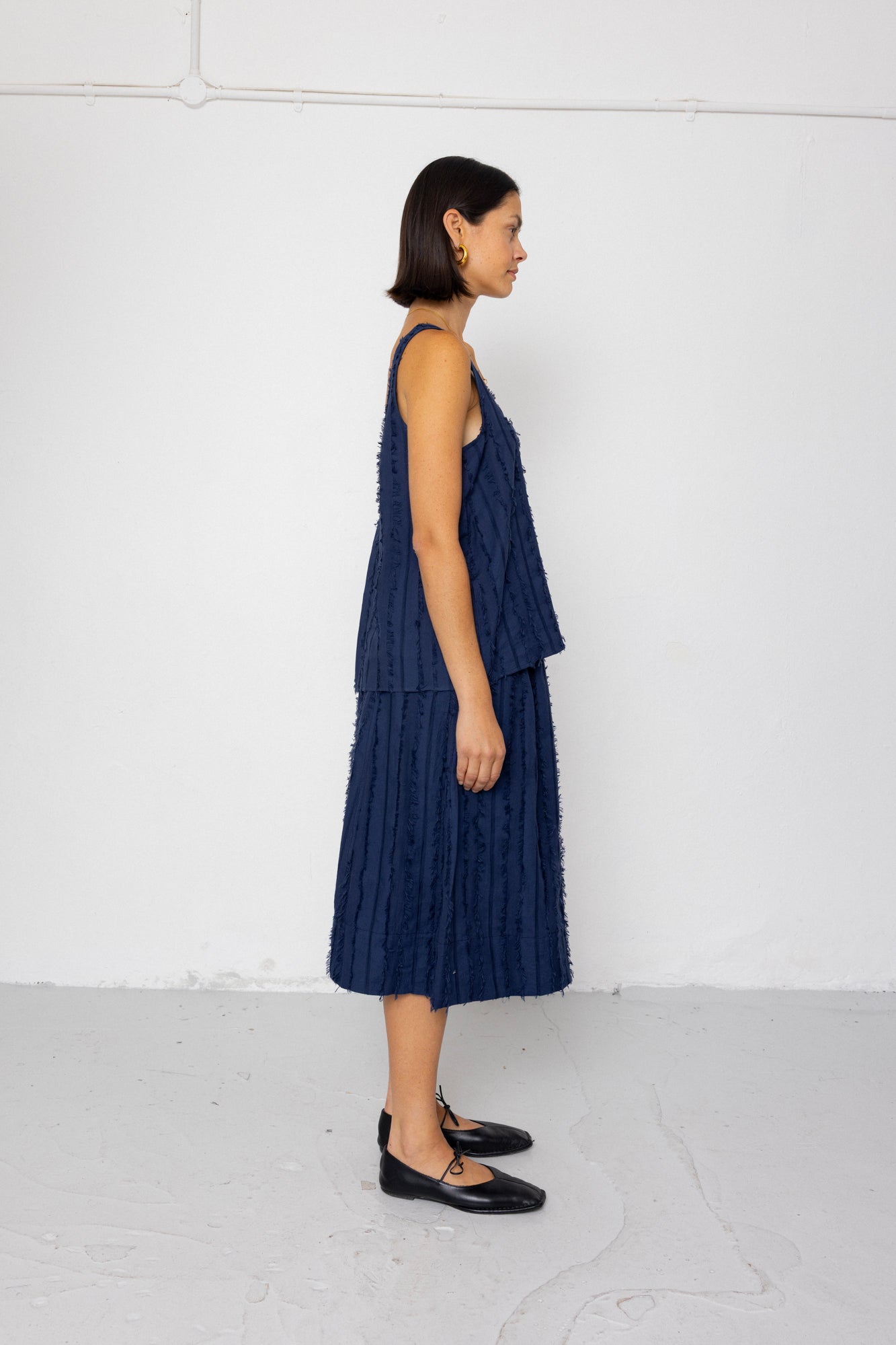 Pleated Scoop Back Vest - Dark Navy Cutwork Stripe