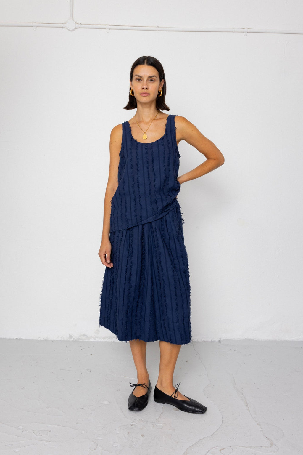 Pleated Scoop Back Vest - Dark Navy Cutwork Stripe