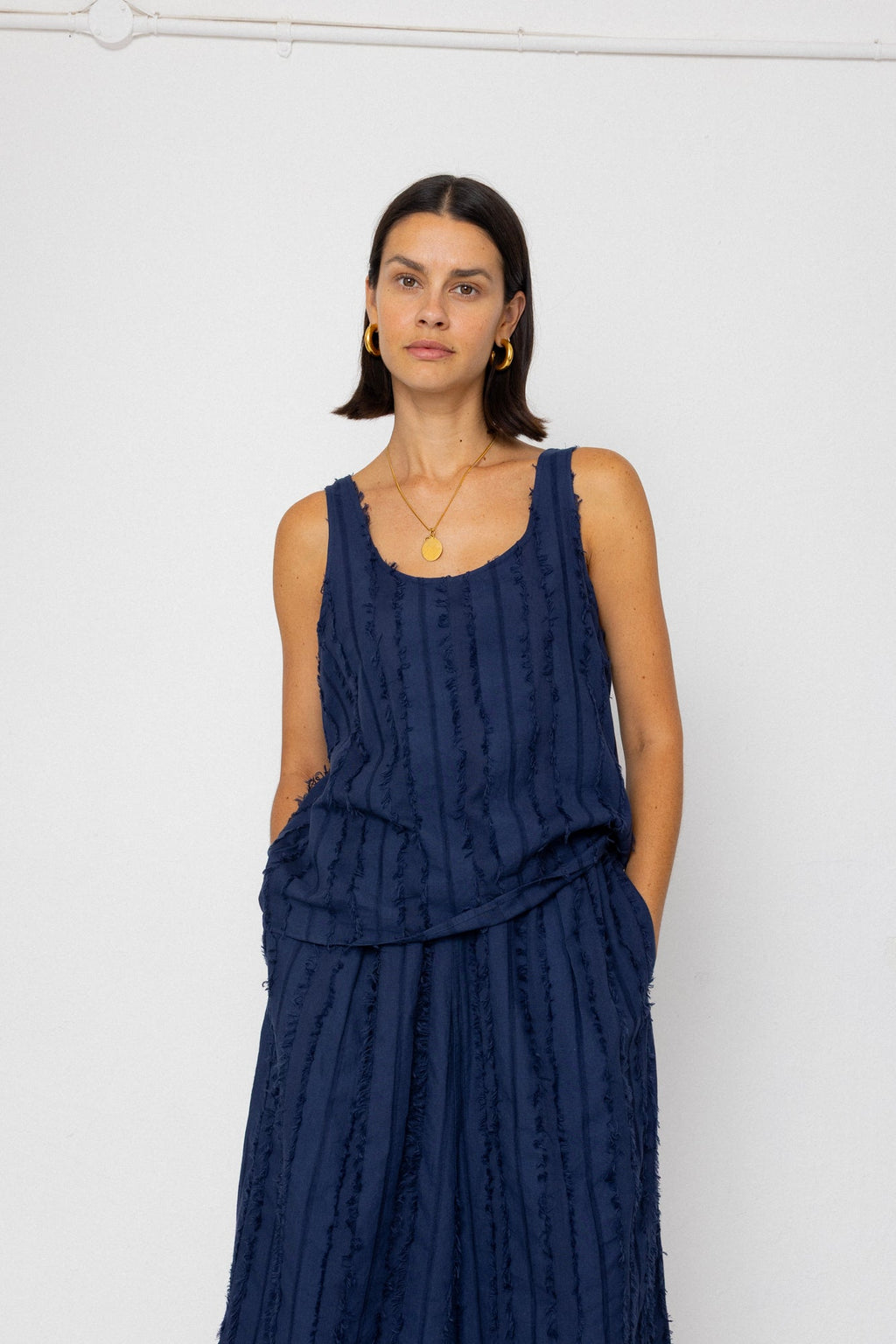 Pleated Scoop Back Vest - Dark Navy Cutwork Stripe