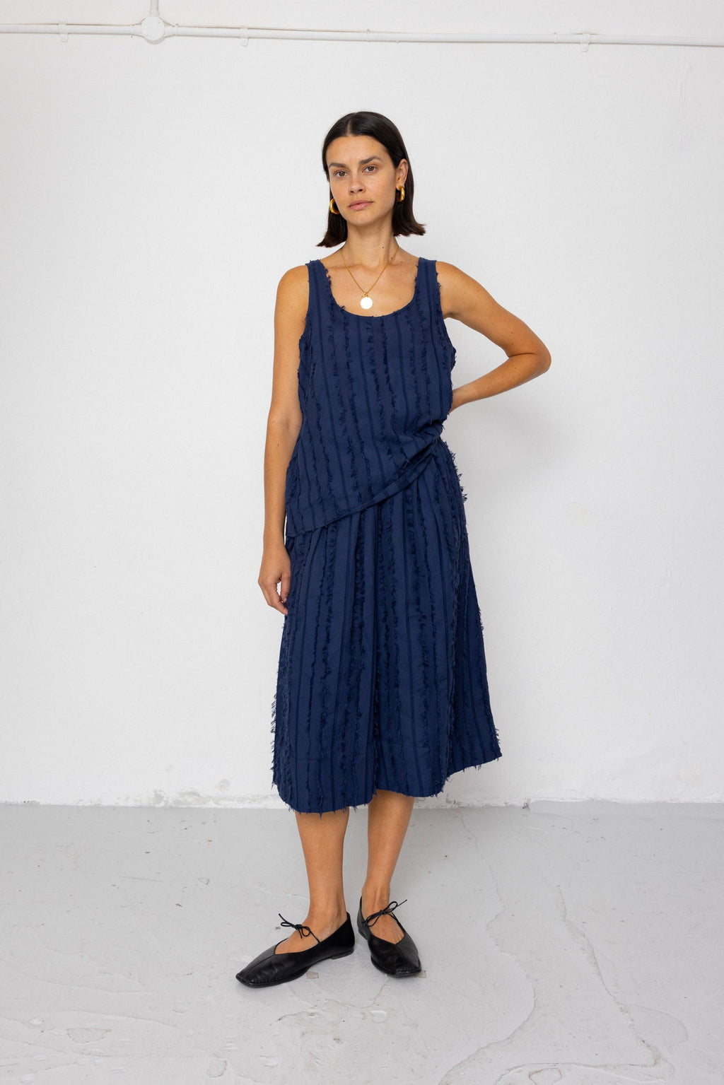 Pleated Scoop Back Vest - Dark Navy Cutwork Stripe
