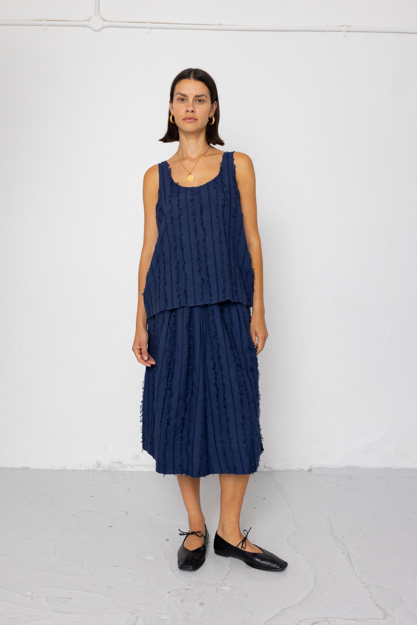 Pleated Scoop Back Vest - Dark Navy Cutwork Stripe