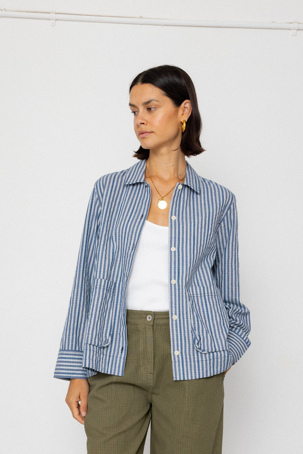 Pleated Shirt - Indigo Crinkle Mini Check