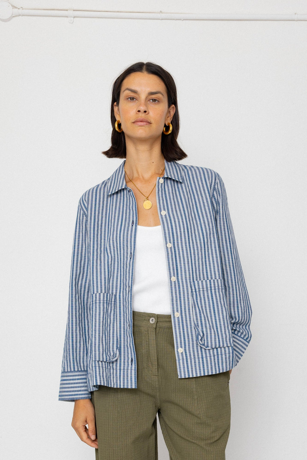 Pleated Shirt - Indigo Crinkle Mini Check