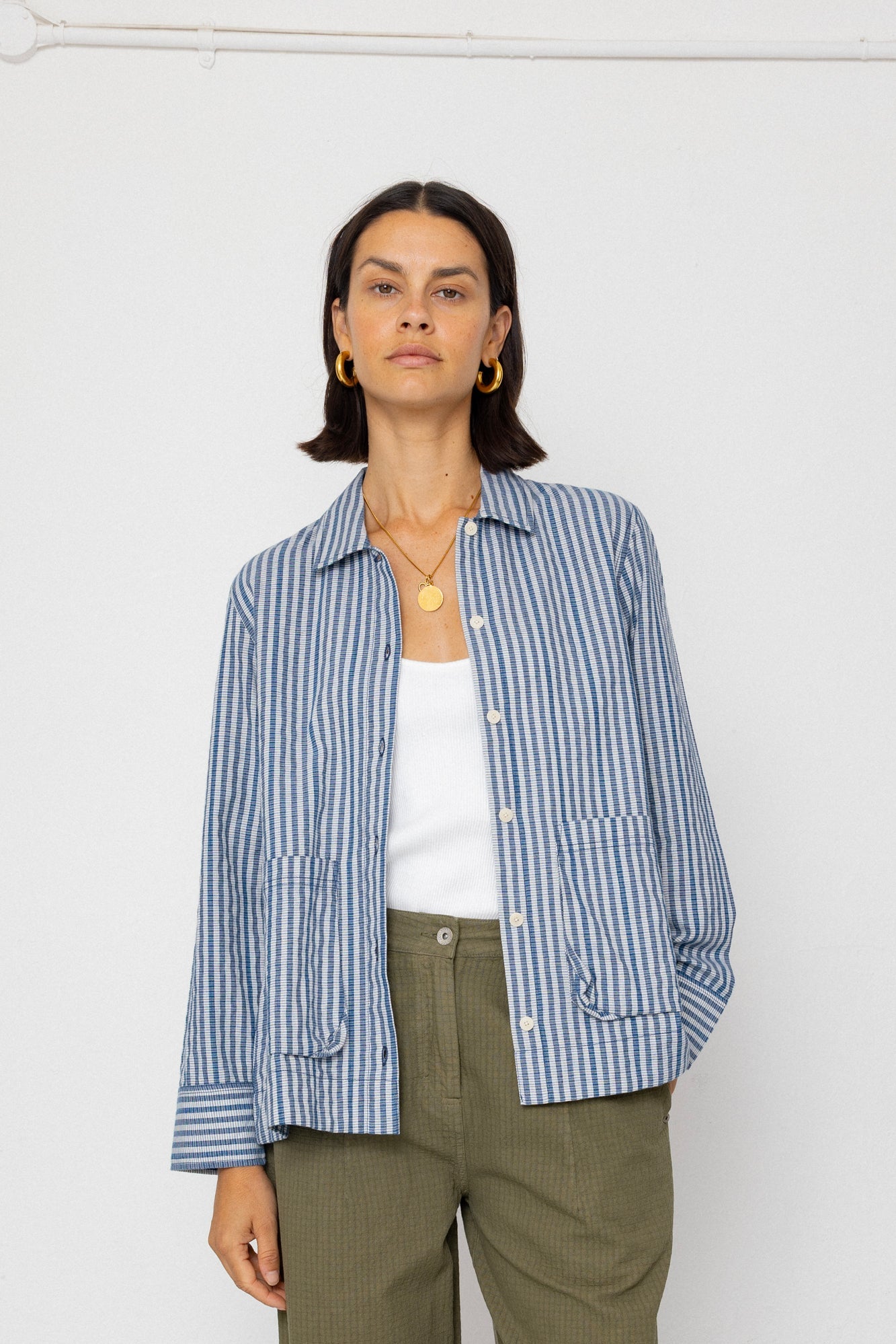 Pleated Shirt - Indigo Crinkle Mini Check