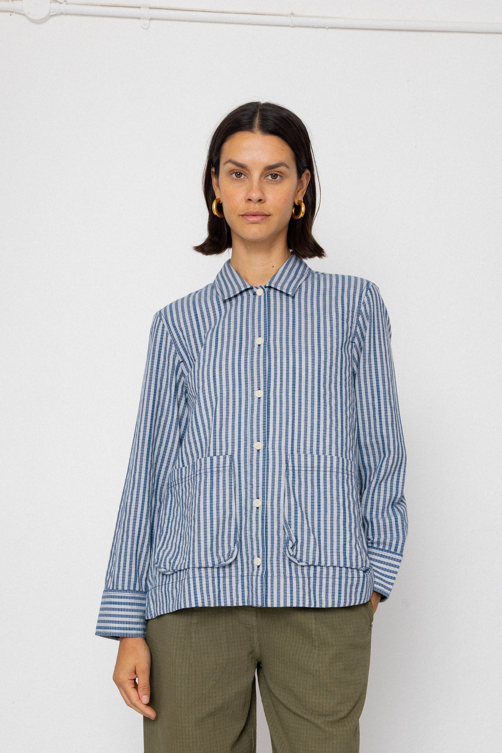 Pleated Shirt - Indigo Crinkle Mini Check