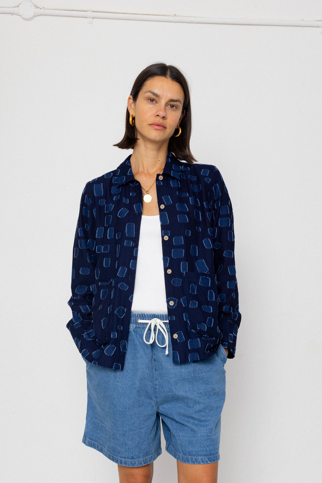 Pleated Shirt - Indigo Irregular Dot