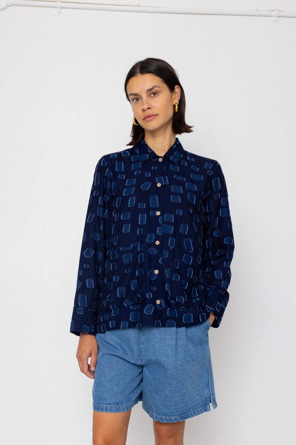 Pleated Shirt - Indigo Irregular Dot