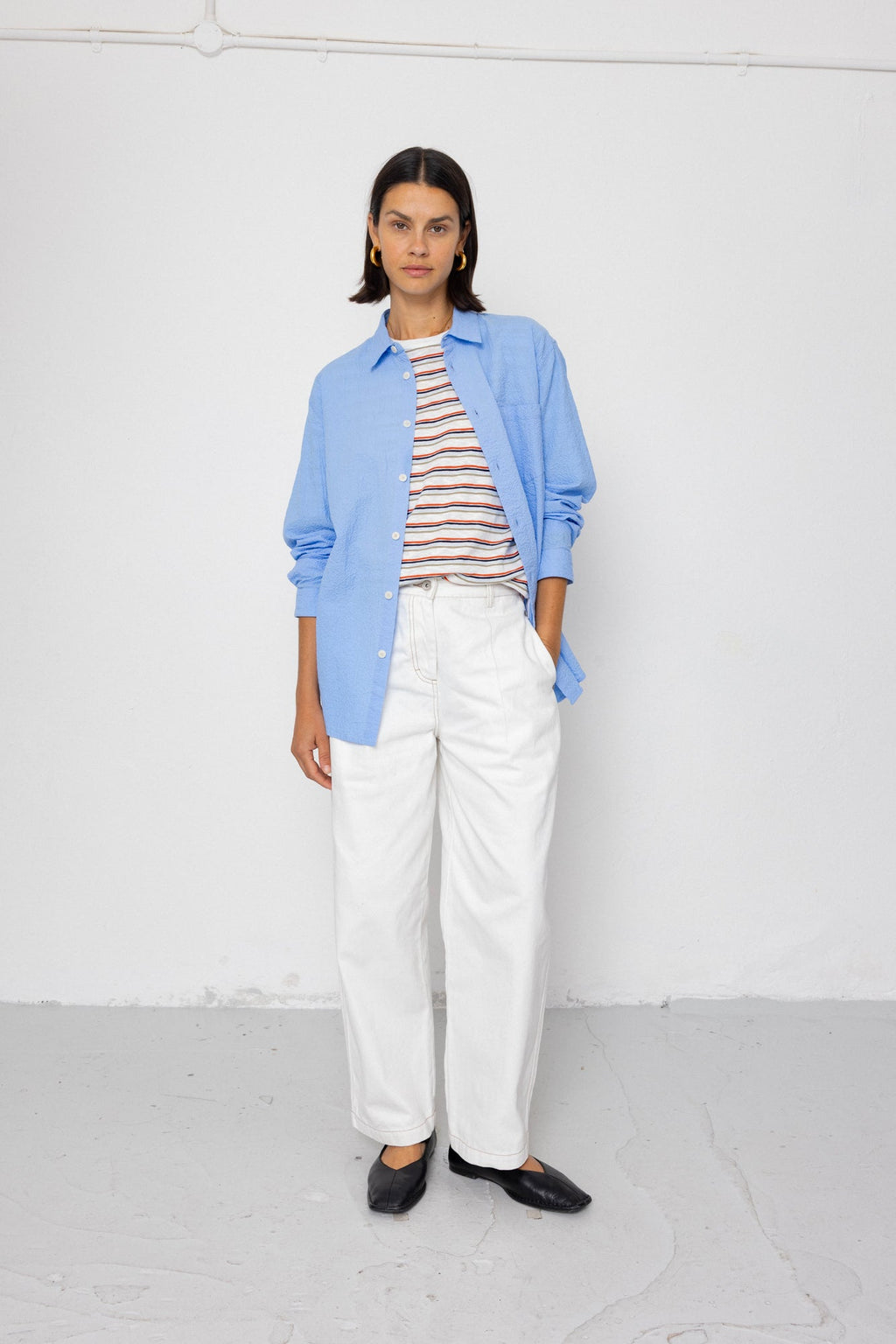 Boyfriend Shirt - Sky Blue Seersucker