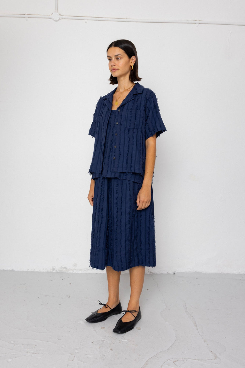 Short Sleeve Soft Collar Shirt - Dark Navy Cutwork Stripe