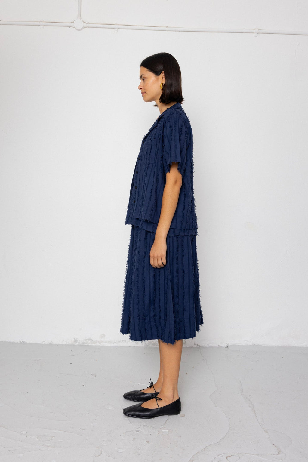 Short Sleeve Soft Collar Shirt - Dark Navy Cutwork Stripe