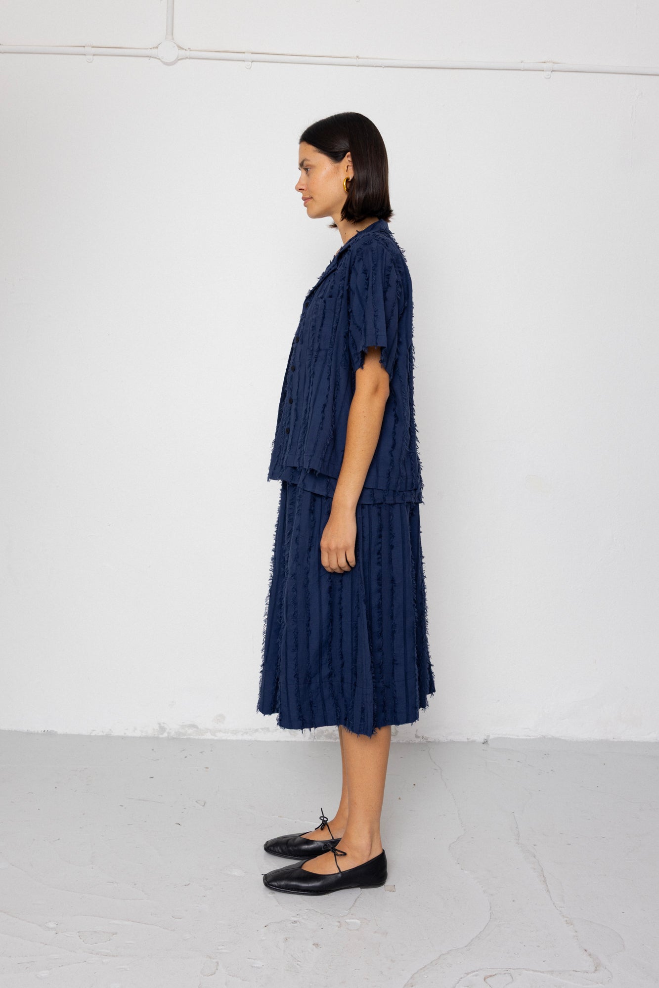 Short Sleeve Soft Collar Shirt - Dark Navy Cutwork Stripe