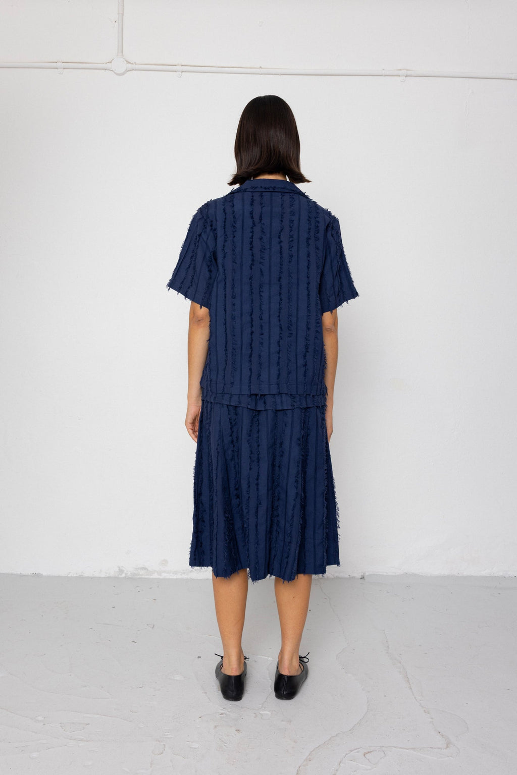 Short Sleeve Soft Collar Shirt - Dark Navy Cutwork Stripe