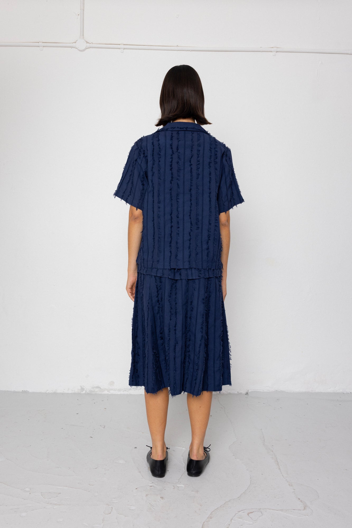 Short Sleeve Soft Collar Shirt - Dark Navy Cutwork Stripe