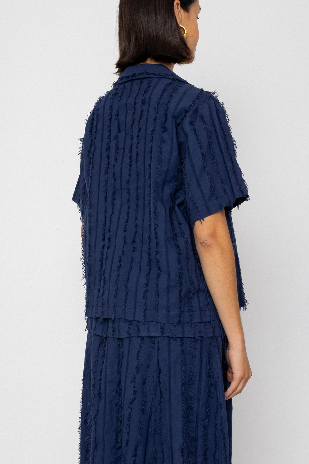 Short Sleeve Soft Collar Shirt - Dark Navy Cutwork Stripe