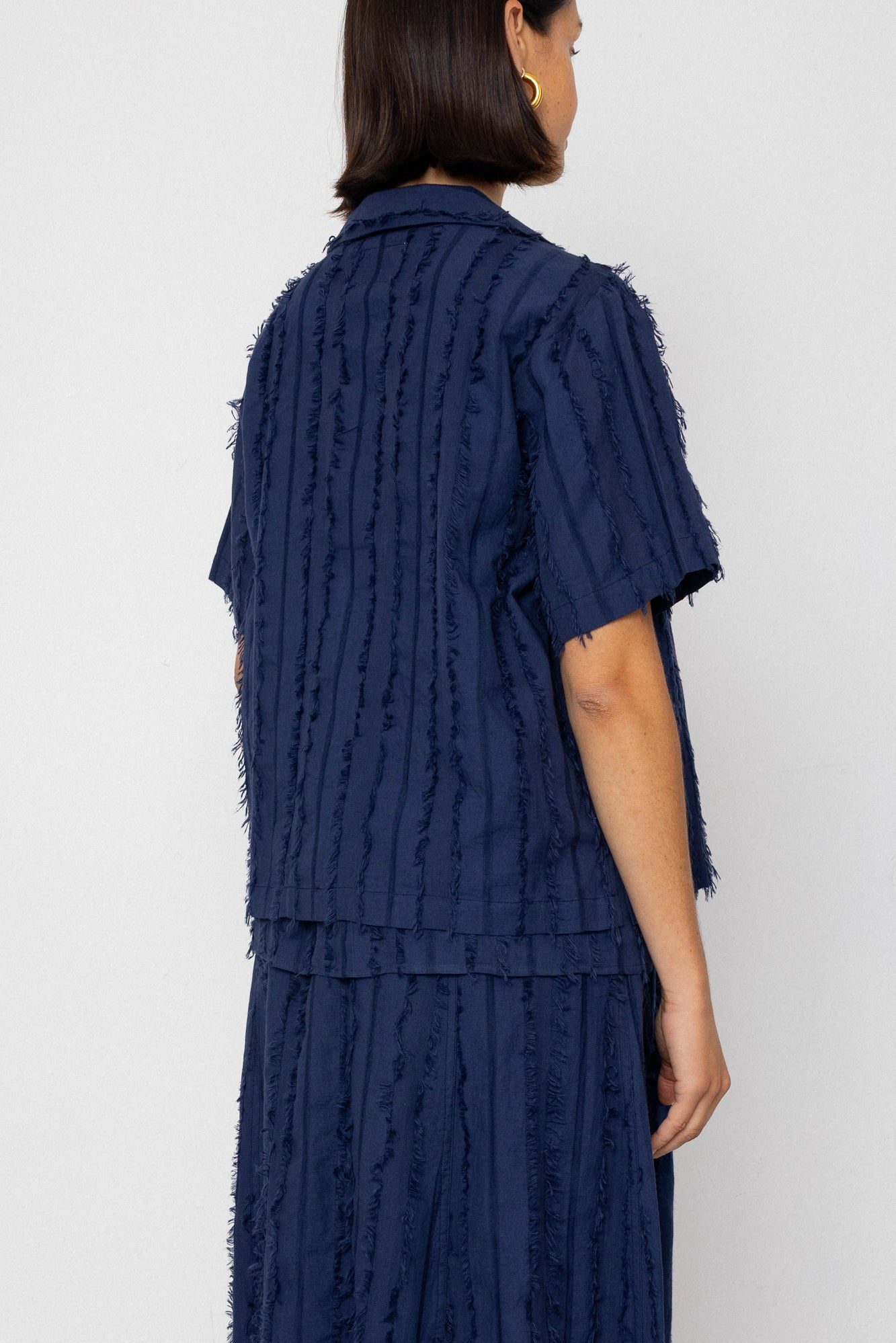 Short Sleeve Soft Collar Shirt - Dark Navy Cutwork Stripe