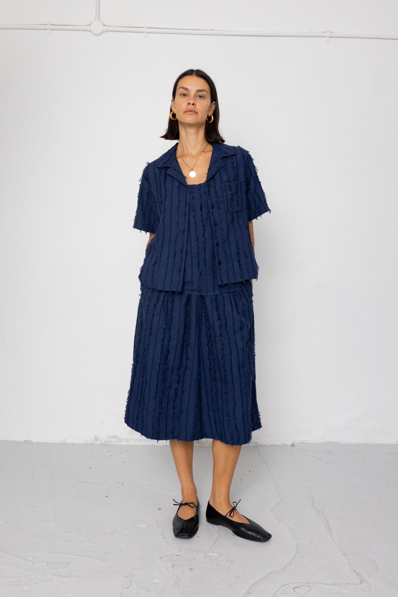 Short Sleeve Soft Collar Shirt - Dark Navy Cutwork Stripe