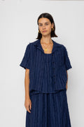 Short Sleeve Soft Collar Shirt - Dark Navy Cutwork Stripe