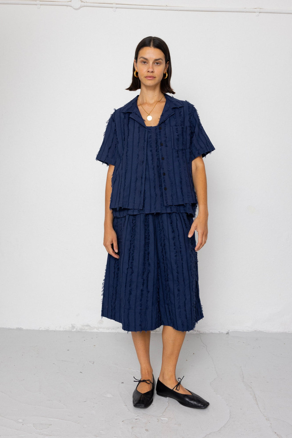 Short Sleeve Soft Collar Shirt - Dark Navy Cutwork Stripe